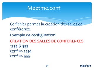 Configuration de l’appel local et sortant dans extensions.confgedit/etc/asterisk/extensions.conf[iaxecole]include => internalinclude => remoteConfiguration du trunk IAX1219/09/2011