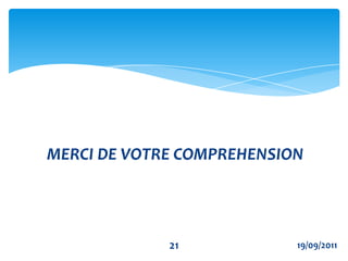 A la fin de ces configuration le service conférence est opérationnel, pour entrer dans la salle de conférence 1234 il faut composer 50998 puis on te demande de t’authentifier et donne le nombre de participant actuellement présent.Puisqu’on a limité la conférence par 3 si un quatrième tente de se connecter l’accès lui sera refusée.19/09/201118Remarque