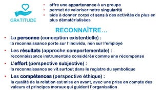 • offre une appartenance à un groupe
• permet de valoriser notre singularité
• aide à donner corps et sens à des activités de plus en
plus dématérialisées
RECONNAÎTRE…
• La personne (conception existentielle) :
la reconnaissance porte sur l’individu, non sur l’employé
• Les résultats (approche comportementale) :
reconnaissance instrumentale considérée comme une récompense
• L’effort (perspective subjective) :
la reconnaissance se vit surtout dans le registre du symbolique
• Les compétences (perspective éthique) :
la qualité de la relation est mise en avant, avec une prise en compte des
valeurs et principes moraux qui guident l’organisation
 