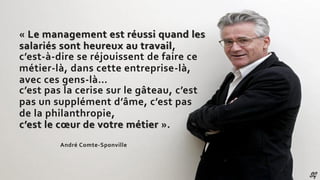 SG
André Comte-Sponville
« Le management est réussi quand les
salariés sont heureux au travail,
c’est-à-dire se réjouissent de faire ce
métier-là, dans cette entreprise-là,
avec ces gens-là…
c’est pas la cerise sur le gâteau, c’est
pas un supplément d’âme, c’est pas
de la philanthropie,
c’est le cœur de votre métier ».
 