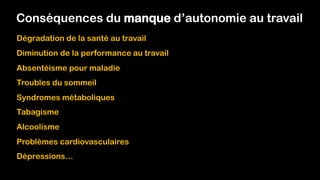 Conséquences du manque d’autonomie au travail
Dégradation de la santé au travail
Diminution de la performance au travail
Troubles du sommeil
Syndromes métaboliques
Tabagisme
Alcoolisme
Problèmes cardiovasculaires
Absentéisme pour maladie
Dépressions…
 