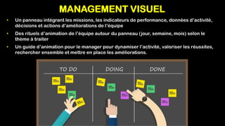 MANAGEMENT VISUEL
• Un guide d’animation pour le manager pour dynamiser l’activité, valoriser les réussites,
rechercher ensemble et mettre en place les améliorations.
• Des rituels d’animation de l’équipe autour du panneau (jour, semaine, mois) selon le
thème à traiter
• Un panneau intégrant les missions, les indicateurs de performance, données d’activité,
décisions et actions d’améliorations de l’équipe
 