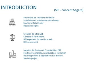 INTRODUCTION (SIP – Vincent Segard)
Fourniture de solutions hardware
Installation et maintenance de réseaux
Solutions Data Center
Back up en ligne
Création de sites web
Conseils et formations
Hébergement de solutions web
Référencement
Logiciels de Gestion et Comptabilité, ERP
Etude personnalisée, configuration, formation
Développement d’applications sur mesure
Suivi de projet
 