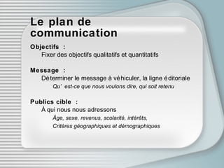 Le plan de communication Objectifs : Fixer des objectifs qualitatifs et quantitatifs Message : D éte rminer le message à véh i culer, la ligne éd i toriale Qu’est-ce que nous voulons dire, qui soit retenu Publics cible : À qui nous nous adressons Â g e, sexe, revenus, scolarité, intér êts ,  Critères géo g raphiques et dém o graphiques 