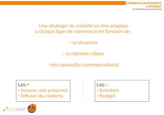 Conférence du 14 mai 2014
Une stratégie de visibilité on-line adaptée
à chaque type de commerce en fonction de :
• sa structure
• la clientèle ciblée
• le(s) produit(s) commercialisé(s)
Les +
• Assurer une présence
• Diffuser du contenu
Les -
• Entretien
• Budget
Commerce de proximité
& internet
 