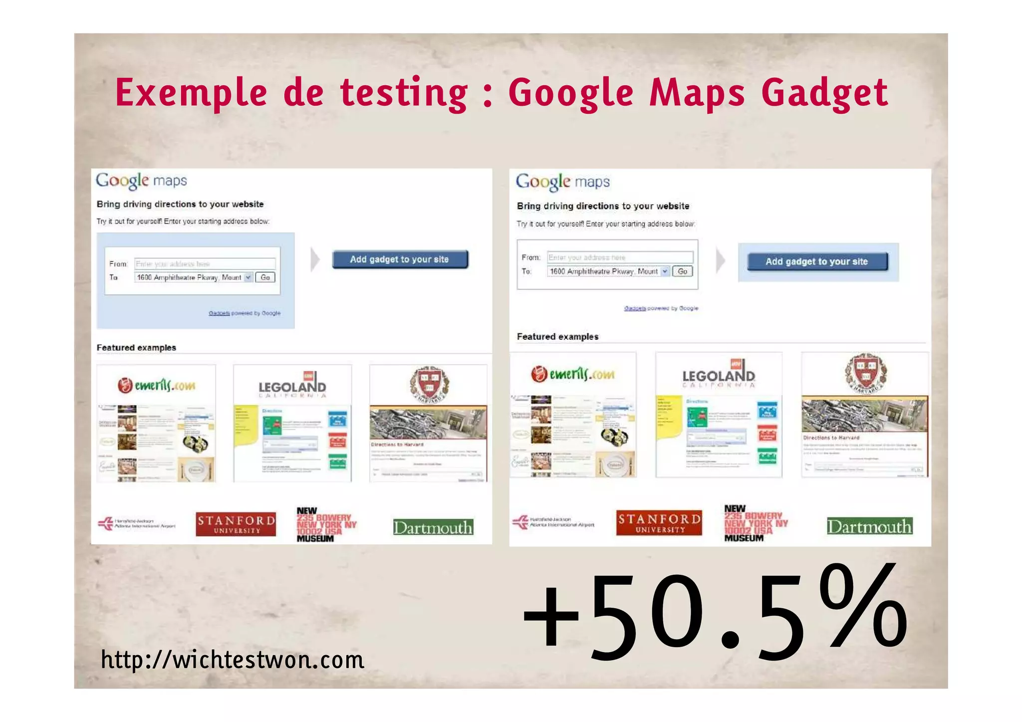 Exemple de testing : Google Maps Gadget




http://wichtestwon.com
                         +50.5%
 