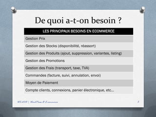 De quoi a-t-on besoin ?
                    LES PRINCIPAUX BESOINS EN ECOMMERCE
      Gestion Prix
      Gestion des Stocks (disponibilité, réassort)
      Gestion des Produits (ajout, suppression, variantes, listing)
      Gestion des Promotions
      Gestion des Frais (transport, taxe, TVA)
      Commandes (facture, suivi, annulation, envoi)
      Moyen de Paiement
      Compte clients, connexions, panier électronique, etc…

WC-2013 | WordPress & E-commerce                                      5
 