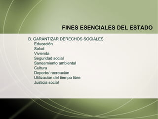FINES ESENCIALES DEL ESTADO B. GARANTIZAR DERECHOS SOCIALES Educación Salud Vivienda Seguridad social Saneamiento ambiental Cultura Deporte/ recreación Utilización del tiempo libre Justicia social 