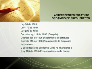 ANTECEDENTES ESTATUTO  ORG Á NICO DE PRESUPUESTO Ley 38 de 1989 Ley 179 de 1994 Ley 225 de 1995 Decreto-Ley 111 de 1996 (Compila) Decreto 568 de 1996 (Reglamenta el Estatuto) Decreto 115 de 1996 (Presupuesto de Empresas  Industriales  y Sociedades de Economia Mixta no financieras ) Ley 185 de 1995 (Endeudamiento de la Nación 