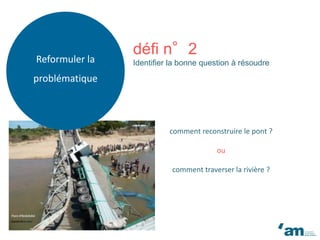 défi n°2
Identifier la bonne question à résoudre
comment reconstruire le pont ?
ou
comment traverser la rivière ?
Reformuler la
problématique
 