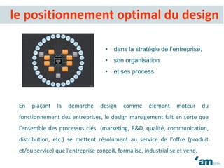 En plaçant la démarche design comme élément moteur du
fonctionnement des entreprises, le design management fait en sorte que
l’ensemble des processus clés (marketing, R&D, qualité, communication,
distribution, etc.) se mettent résolument au service de l'offre (produit
et/ou service) que l’entreprise conçoit, formalise, industrialise et vend.
le positionnement optimal du design
• dans la stratégie de l’entreprise,
• son organisation
• et ses process
 