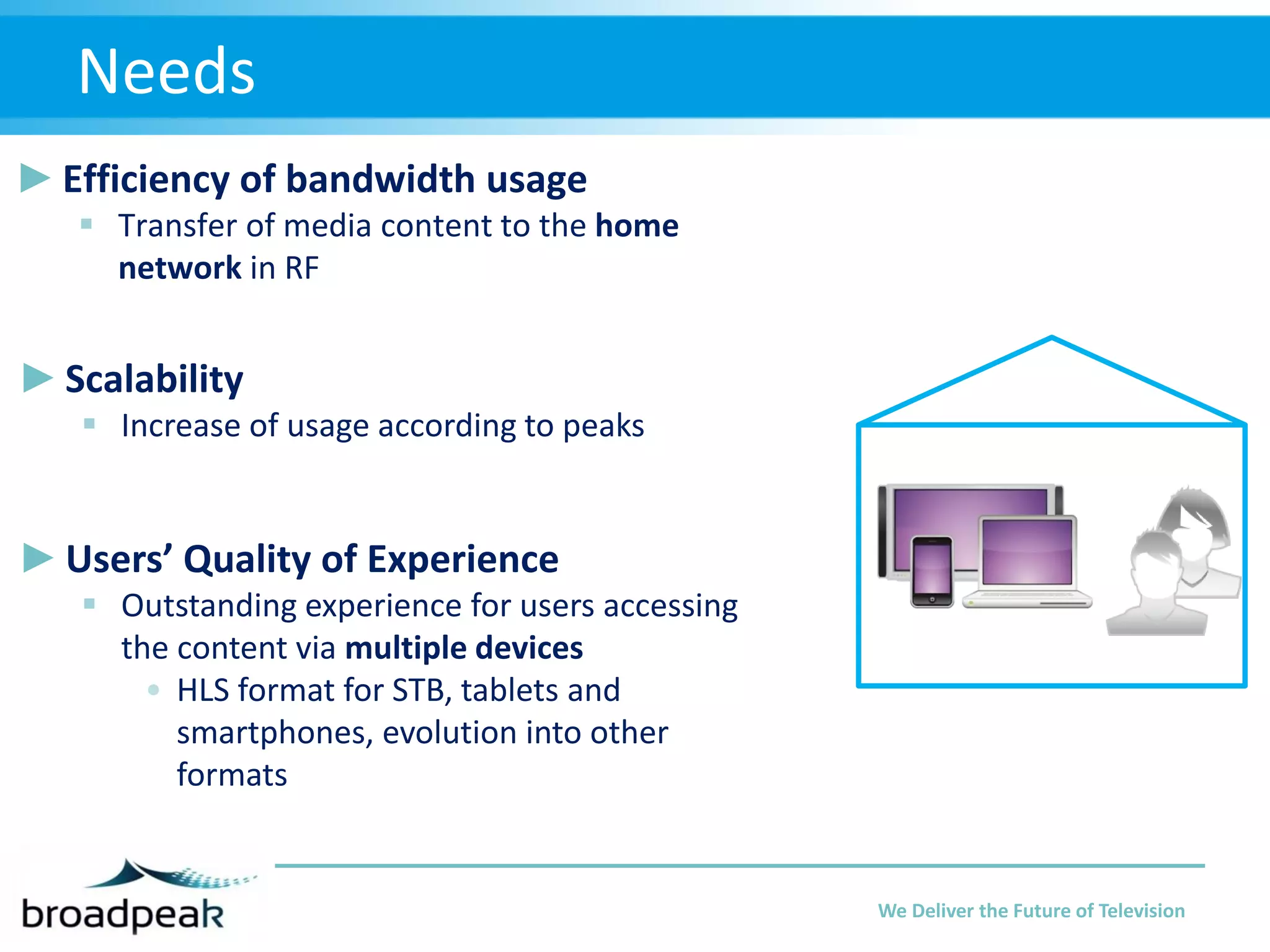 Needs
► Efficiency of bandwidth usage
 Transfer of media content to the home
network in RF

► Scalability
 Increase of usage according to peaks

► Users’ Quality of Experience
 Outstanding experience for users accessing
the content via multiple devices
• HLS format for STB, tablets and
smartphones, evolution into other
formats

We Deliver the Future of Television

 