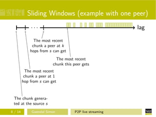 Sliding Windows (example with one peer)
...

lag

The most recent
chunk a peer at k
hops from s can get
The most recent
chunk this peer gets
The most recent
chunk a peer at 1
hop from s can get

The chunk generated at the source s
8 / 14

Gwendal Simon

P2P live streaming

 