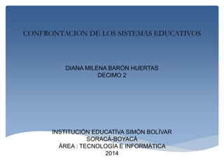 CONFRONTACION DE LOS SISTEMAS EDUCATIVOS 
DIANA MILENA BARÓN HUERTAS 
DECIMO 2 
INSTITUCIÓN EDUCATÍVA SIMÓN BOLÍVAR 
SORACÁ-BOYACÁ 
ÁREA : TECNOLOGÍA E INFORMÁTICA 
2014 
 