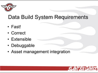 Data Build System Requirements
•   Fast!
•   Correct
•   Extensible
•   Debuggable
•   Asset management integration
 