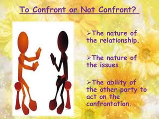 To Confront or Not Confront?
The nature of
the relationship.
The nature of
the issues.
The ability of
the other party to
act on the
confrontation.
 