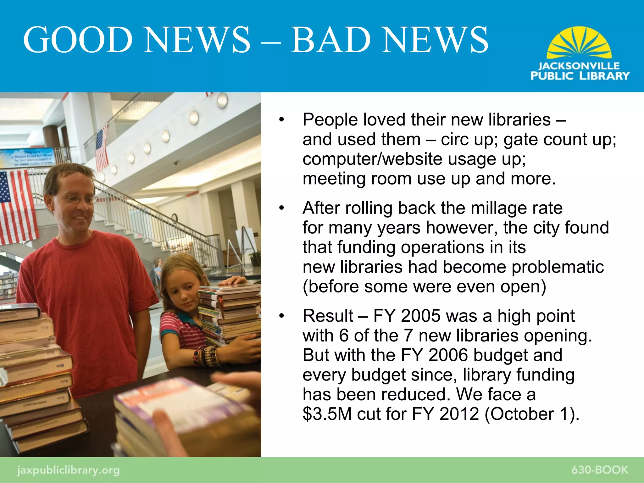 • People loved their new libraries –
and used them – circ up; gate count up;
computer/website usage up;
meeting room use up and more.
• After rolling back the millage rate
for many years however, the city found
that funding operations in its
new libraries had become problematic
(before some were even open)
• Result – FY 2005 was a high point
with 6 of the 7 new libraries opening.
But with the FY 2006 budget and
every budget since, library funding
has been reduced. We face a
$3.5M cut for FY 2012 (October 1).
GOOD NEWS – BAD NEWS
 