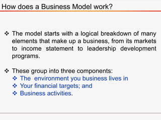  The model starts with a logical breakdown of many
elements that make up a business, from its markets
to income statement...