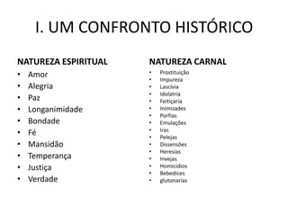 I. UM CONFRONTO HISTÓRICO
NATUREZA ESPIRITUAL   NATUREZA CARNAL
•   Amor              •   Prostituição
                      •   Impureza
•   Alegria           •   Lascívia
                      •   Idolatria
•   Paz               •   Feitiçaria
•   Longanimidade     •   Inimizades
                      •   Porfias
•   Bondade           •   Emulações
                      •
•   Fé                •
                          Iras
                          Pelejas
•   Mansidão          •   Dissensões
                      •   Heresias
•   Temperança        •   Invejas
•   Justiça           •   Homicidios
                      •   Bebedices
•   Verdade           •   glutonarias
 