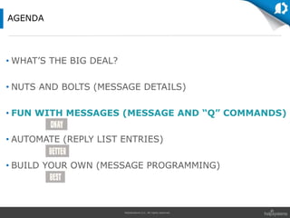 HelpSystems LLC. All rights reserved.
• WHAT’S THE BIG DEAL?
• NUTS AND BOLTS (MESSAGE DETAILS)
• FUN WITH MESSAGES (MESSAGE AND “Q” COMMANDS)
• AUTOMATE (REPLY LIST ENTRIES)
• BUILD YOUR OWN (MESSAGE PROGRAMMING)
AGENDA
 