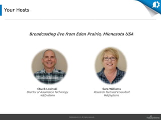 HelpSystems LLC. All rights reserved.
Your Hosts
Chuck Losinski
Director of Automation Technology
HelpSystems
Broadcasting live from Eden Prairie, Minnesota USA
Sara Williams
Research Technical Consultant
HelpSystems
 
