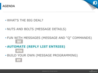 HelpSystems LLC. All rights reserved.
• WHAT’S THE BIG DEAL?
• NUTS AND BOLTS (MESSAGE DETAILS)
• FUN WITH MESSAGES (MESSAGE AND “Q” COMMANDS)
• AUTOMATE (REPLY LIST ENTRIES)
• BUILD YOUR OWN (MESSAGE PROGRAMMING)
AGENDA
 