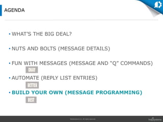 HelpSystems LLC. All rights reserved.
• WHAT’S THE BIG DEAL?
• NUTS AND BOLTS (MESSAGE DETAILS)
• FUN WITH MESSAGES (MESSAGE AND “Q” COMMANDS)
• AUTOMATE (REPLY LIST ENTRIES)
• BUILD YOUR OWN (MESSAGE PROGRAMMING)
AGENDA
 