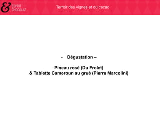 Terroir des vignes et du cacao

-

Dégustation –

Pineau rosé (Du Frolet)
& Tablette Cameroun au grué (Pierre Marcolini)

 