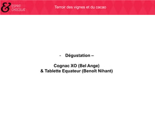 Terroir des vignes et du cacao

-

Dégustation –

Cognac XO (Bel Ange)
& Tablette Equateur (Benoît Nihant)

 