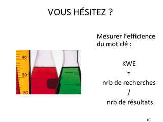 VOUS HÉSITEZ ?  Mesurer l’efficience du mot clé : KWE  =  nrb de recherches  /  nrb de résultats 