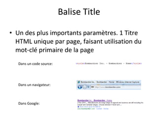 Balise Title Un des plus importants paramètres. 1 Titre HTML unique par page, faisant utilisation du mot-clé primaire de la page Dans un code source: Dans un navigateur: Dans Google: 
