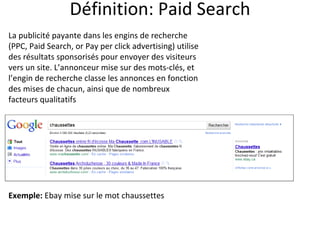Définition: Paid Search La publicité payante dans les engins de recherche (PPC, Paid Search, or Pay per click advertising) utilise des résultats sponsorisés pour envoyer des visiteurs vers un site. L’annonceur mise sur des mots-clés, et l’engin de recherche classe les annonces en fonction des mises de chacun, ainsi que de nombreux facteurs qualitatifs Exemple:  Ebay mise sur le mot chaussettes  