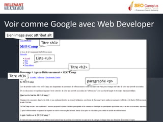 Voir comme Google avec Web Developer
Lien image avec attribut alt
                     Titre <h1>


                  Liste <ul>

                                  Titre <h2>

 Titre <h3>
                                           paragraphe <p>
 