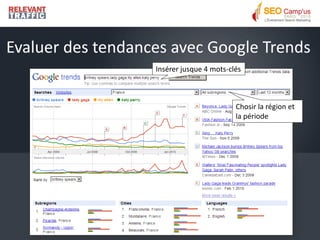 Evaluer des tendances avec Google Trends
                   Insérer jusque 4 mots-clés



                                           Chosir la région et
                                           la période
 