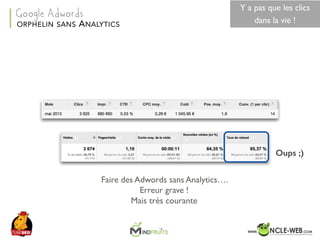 SEO	Camp	Tunis	– Avril	2017
Oups ;)
Faire des Adwords sans Analytics….
Erreur grave !
Mais très courante
ORPHELIN SANS ANALYTICS
Google Adwords
Y a pas que les clics
dans la vie !
 