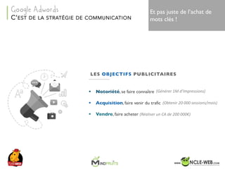 SEO	Camp	Tunis	– Avril	201715
LES OBJECTIFS PUBLICITAIRES
§ Notoriété, se faire connaître
§ Acquisition, faire venir du trafic
§ Vendre, faire acheter
(Générer	1M	d’Impressions)
(Obtenir	20	000	sessions/mois)
(Réaliser	un	CA	de	200	000€)
Et pas juste de l’achat de
mots clés !C’EST DE LA STRATÉGIE DE COMMUNICATION
Google Adwords
 