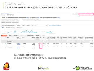SEO	Camp	Tunis	– Avril	2017
La réalité : 458 impressions
et nous n’étions pas a 100 % du taux d’impression
NE PAS PRENDRE POUR ARGENT COMPTANT CE QUE DIT GOOGLE
Google Adwords
 