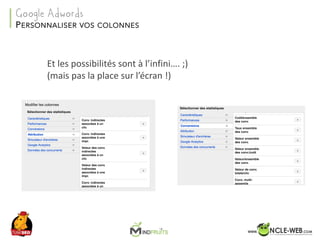 SEO	Camp	Tunis	– Avril	2017
Et	les	possibilités	sont	à	l’infini….	;)
(mais	pas	la	place	sur	l’écran	!)
PERSONNALISER VOS COLONNES
Google Adwords
 