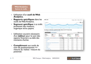 Web Analytics
          Suivre le trafic


        Utilisation d'un outil de Web
         Analytics.
        Rapports sp...