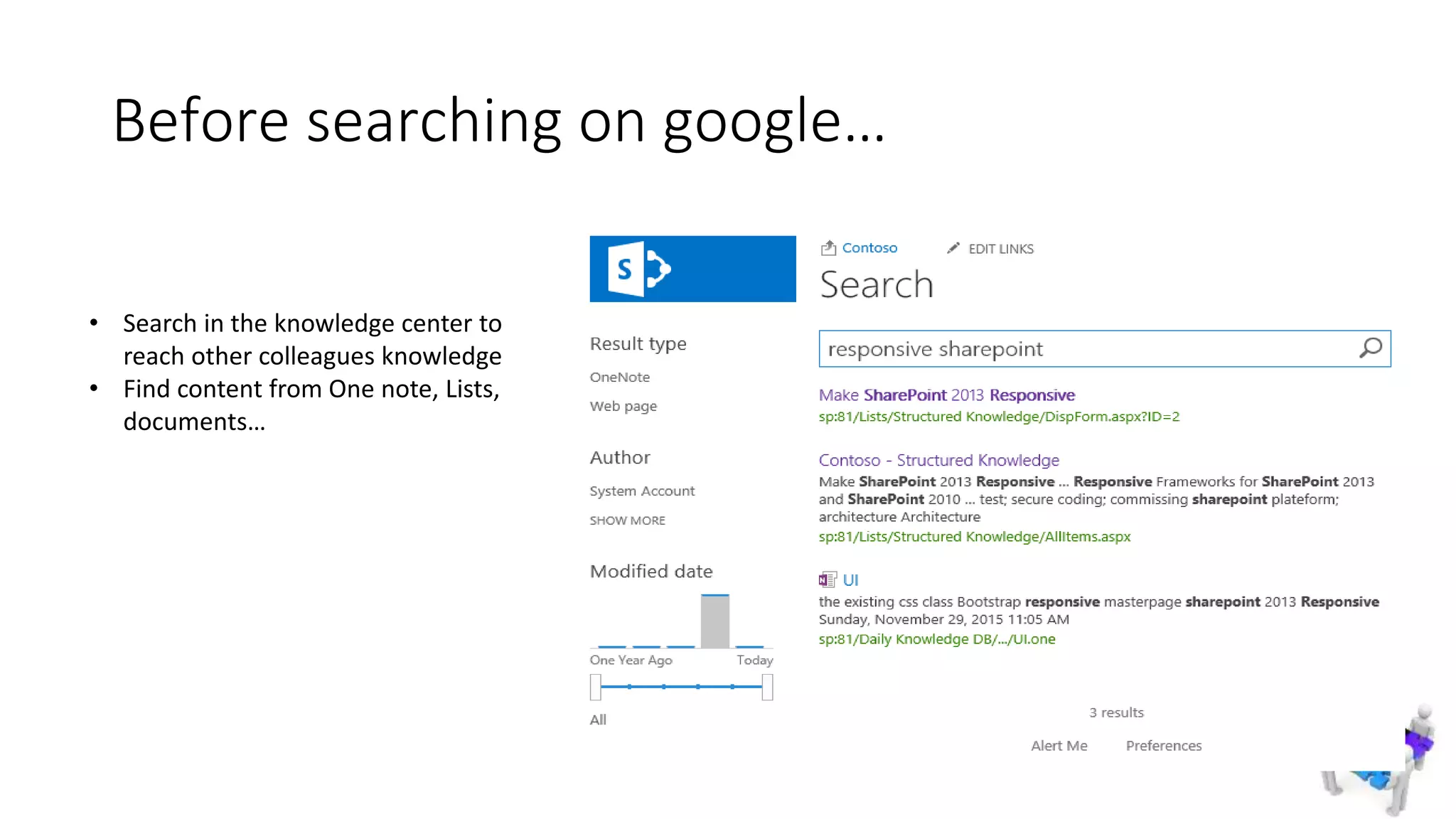 Before searching on google…
• Search in the knowledge center to
reach other colleagues knowledge
• Find content from One note, Lists,
documents…
 