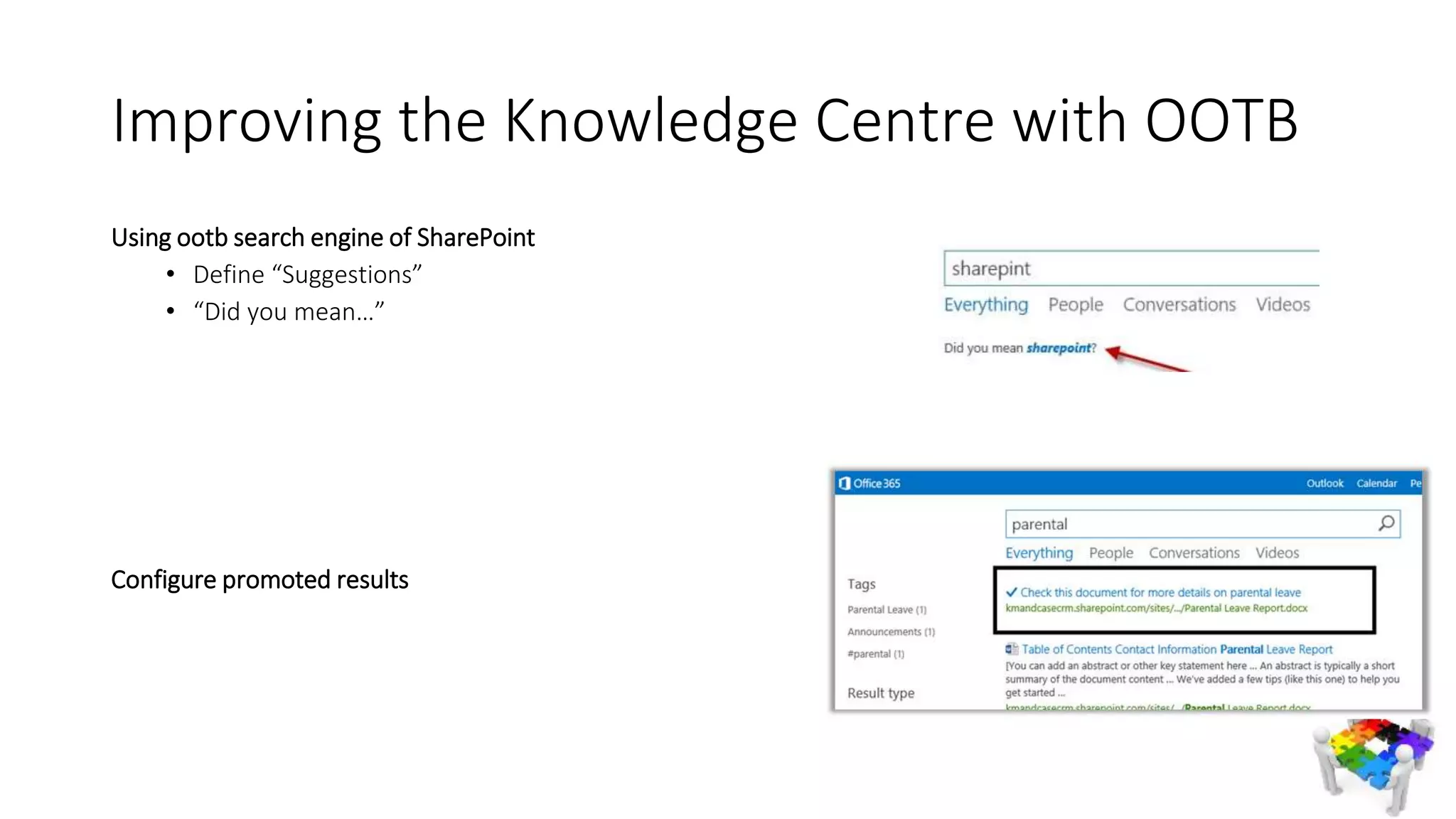 Improving the Knowledge Centre with OOTB
Using ootb search engine of SharePoint
• Define “Suggestions”
• “Did you mean…”
Configure promoted results
 
