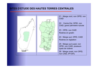 SITES D’ETUDE DES HAUTES TERRES CENTRALES

                                 Z1 : Marge nord, non OPID, non
                                 CAID
                           Z1


                                 Z2 : Centre Est, OPID, non
                                 CAID, grand périmètre rizicole

                                 Z3 : OPID, non CAID
                           Z2
                                 Rizières en gradin

                            Z3   Z4 : Marge sud, OPID, CAID
                     Z6
                                 Rizières en digitation

                                 Z5 : Marge sud ouest, non
                      Z5   Z4    OPID, non CAID, plusieurs
                                 types de rizières
                                 Z6 : Marge ouest, non OPID,
                                 non CAID, IP=34%
 