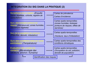 INTEGRATION DU SIG DANS LA PRATIQUE (2)

Surveillance de la maladie (Enquête                Cartes de prévalence
transv répétées, cohorte, registre de
                                                   Cartes d’incidence
consultation)
                                                    Cartes spatio-temporelles
Surv. des biotopes porteurs de                      (zones humides, biotopes
risques (Sol,sous-sol, zones humides,               porteurs de risques, effets de
couverture végétale)                                barrières)

Surv de la population de vecteurs                  Cartes spatio-temporelles
(Prés/Abs, densité, infestation)                   (Vecteurs, taux d’infestation)

Surv des conditions liées au cycle                 Cartes spatio-temporelles des
extrinsèque (Température)                          conditions climatiques

Evaluation des modes de                            Cartes spatio-temporelles
contacts (Bio-écologie des                         (Occupation du sol, pollution,
vecteurs, environ. humains)                        densité de population)

                            Identification des risques
 