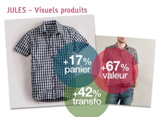 JULES - Visuels produits




                +17%
                panier +67%
                       valeur
                   +42%
                   transfo
 