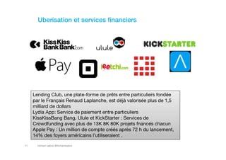 hicham sabre @hichamsabre11
Uberisation et services financiers
Lending Club, une plate-forme de prêts entre particuliers fondée
par le Français Renaud Laplanche, est déjà valorisée plus de 1,5
milliard de dollars
Lydia App: Service de paiement entre particuliers
KissKissBang Bang, Ulule et KickStarter : Services de
Crowdfunding avec plus de 13K 8K 80K projets fnancés chacun
Apple Pay : Un million de compte créés après 72 h du lancement,
14% des foyers américains l’utiliseraient .
 
