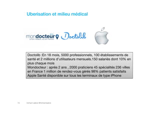 hicham sabre @hichamsabre13
Uberisation et milieu médical
Doctolib :En 18 mois, 5000 professionnels, 100 établissements de
santé et 2 millions d’utilisateurs mensuels.150 salariés dont 10% en
plus chaque mois
Mondocteur : après 2 ans , 2000 praticiens 45 spécialités 236 villes
en France 1 million de rendez-vous gérés 98% patients satisfaits
Apple Santé disponible sur tous les terminaux de type iPhone
 
