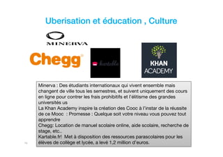 hicham sabre @hichamsabre14
Uberisation et éducation , Culture
Minerva : Des étudiants internationaux qui vivent ensemble mais
changent de ville tous les semestres, et suivent uniquement des cours
en ligne pour contrer les frais prohibitifs et l’élitisme des grandes
universités us
La Khan Academy inspire la création des Cooc à l’instar de la réussite
de ce Mooc : Promesse : Quelque soit votre niveau vous pouvez tout
apprendre
Chegg: Location de manuel scolaire online, aide scolaire, recherche de
stage, etc..
Kartable.fr! Met à disposition des ressources parascolaires pour les
élèves de collège et lycée, a levé 1,2 million d’euros.
 