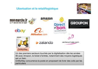 hicham sabre @hichamsabre15
Uberisation et le retail/logistique
Un des premiers secteurs touchés par la digitalisation dès les années
90 avec Amazon, le ticket d’entrée, notamment des moyens logistiques
est un frein.
OnMyWay concurrence la poste en proposant de livrer des colis par les
particuliers
OnMyWay
 