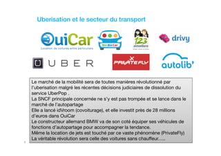 hicham sabre @hichamsabre6
Uberisation et le secteur du transport
Le marché de la mobilité sera de toutes manières révolutionné par
l’uberisation malgré les récentes décisions judiciaires de dissolution du
service UberPop .
La SNCF principale concernée ne s’y est pas trompée et se lance dans le
marché de l’autopartage
Elle a lancé idVroom (covoiturage), et elle investit près de 28 millions
d’euros dans OuiCar
Le constructeur allemand BMW va de son coté équiper ses véhicules de
fonctions d’autopartage pour accompagner la tendance.
Même la location de jets est touché par ce vaste phénomène (PrivateFly)
La véritable révolution sera celle des voitures sans chauffeur…..
 