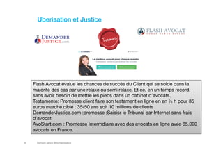 hicham sabre @hichamsabre8
Uberisation et Justice
Flash Avocat évalue les chances de succès du Client qui se solde dans la
majorité des cas par une relaxe ou semi relaxe. Et ce, en un temps record,
sans avoir besoin de mettre les pieds dans un cabinet d'avocats.
Testamento: Promesse client faire son testament en ligne en en ½ h pour 35
euros marché ciblé : 35-50 ans soit 10 millions de clients
DemanderJustice.com :promesse :Saisisr le Tribunal par Internet sans frais
d’avocat
AvoStart.com : Promesse Intermdiaire avec des avocats en ligne avec 65.000
avocats en France.
 